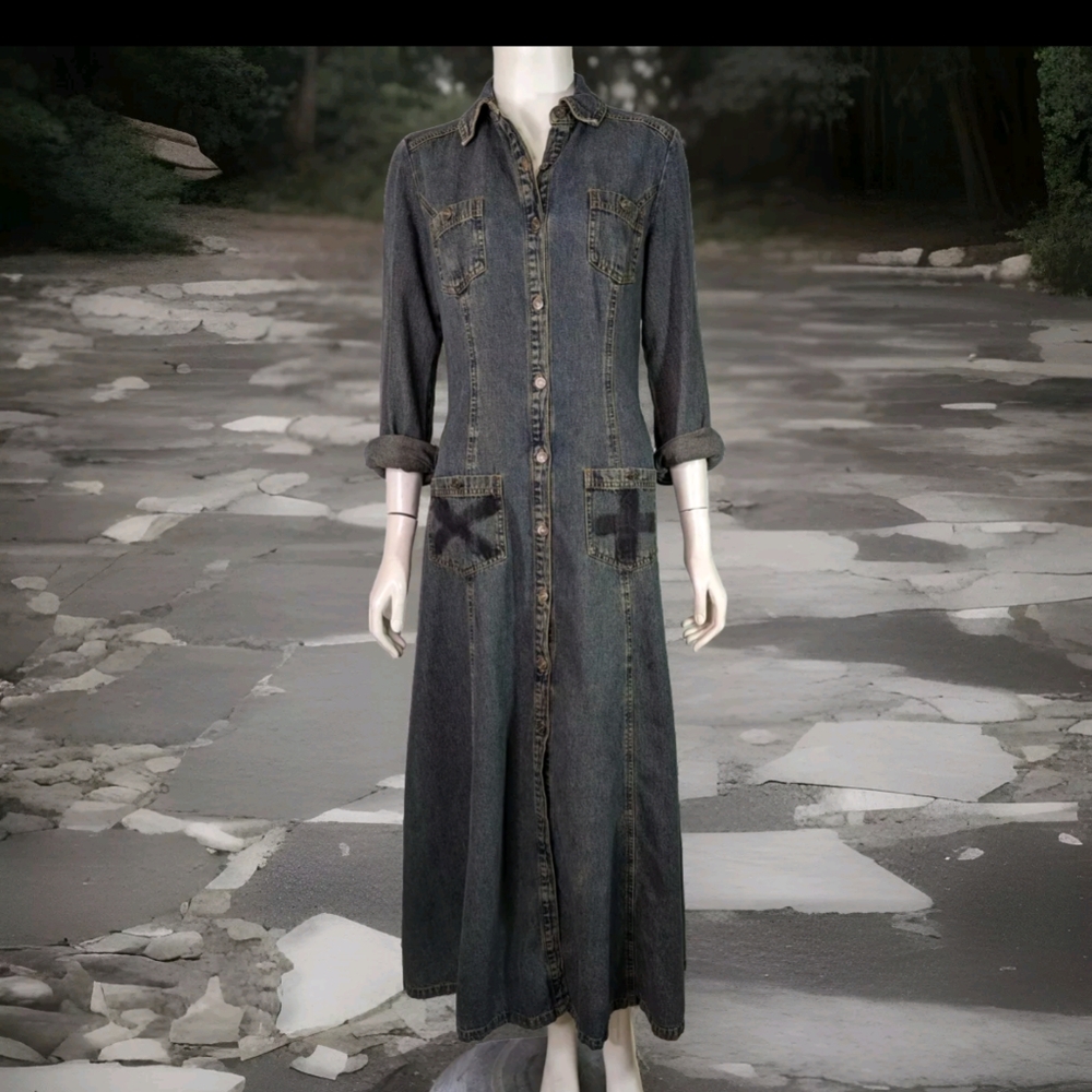 Vintage Long Denim Coat Flare Jeanology Tinted Faded Denim Painted Size 4 Button